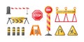 Traffic road repair barriers set. Safety barricade, roadblocks, warning alert signs. Construction fences, warning detour, repair