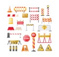 Traffic road repair barriers set. Safety barricade, roadblocks, warning alert signs. Construction fences, warning detour, repair Royalty Free Stock Photo