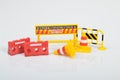 Traffic road repair barriers set with text under construction. Safety barricade, roadblocks, warning alert signs. Construction