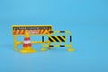 Traffic road repair barriers set with text under construction. Safety barricade, roadblocks, warning alert signs. Construction Royalty Free Stock Photo