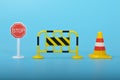 Traffic road repair barriers set with text under construction. Safety barricade, roadblocks, warning alert signs. Construction Royalty Free Stock Photo