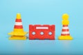 Traffic road repair barriers set with text under construction. Safety barricade, roadblocks, warning alert signs. Construction Royalty Free Stock Photo