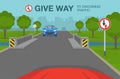 Traffic or road rules. Driving a car. Give way to oncoming vehicles sign.