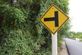 Traffic road sign yellow left intersections ahead.