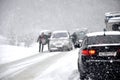 Traffic on the road in the snow Royalty Free Stock Photo