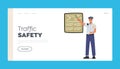 Traffic Safety Landing Page Template. Policeman Pointing on Chart, Police Officer Wear Uniform. Character Cop Occupation