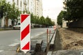 Traffic safety roadwork signs on the city street. Road contruction