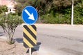 traffic safety signs on city street road. direction movement sign outdoor. danger warning symbol on urban way for transport automo