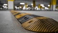 Traffic safety speed bump on an asphalt road in a parking area. Speed bumps or speed breakers are the common name for a family Royalty Free Stock Photo