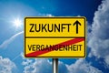 Traffic sign with the german words for future and past - zukunft und vergangenheit