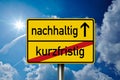 Traffic sign with blue sunny sky in the background with the german words for sustained and short term - nachhaltig und kurzfristig Royalty Free Stock Photo