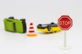 Traffic sign and car accident of car model Royalty Free Stock Photo