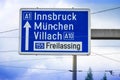 Traffic sign of direction to 1 highways in the Innsbruck, Munich,Munchen, Villach, Freilassing,. Salzburg, Austria