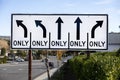 Traffic Sign with five arrows for different directions against a blue sky Royalty Free Stock Photo