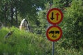 Traffic sign before a narrow bridge Royalty Free Stock Photo