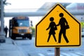 Traffic sign.  School zone  yellow warning board Royalty Free Stock Photo