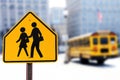 Traffic sign.  School zone  yellow warning board. Speed limit 20 Royalty Free Stock Photo