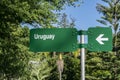 Traffic sign with a sign of Uruguay in white and green background.