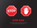 Traffic sign stop isolated on black background. Attention, Forbidden sign. Vector illustration Royalty Free Stock Photo