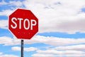 Traffic sign STOP isolated, blue sky with clouds on the background