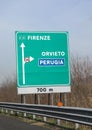 traffic sign to go to Florence City or Orvieto town or Perugia C