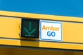 Traffic sign on toll station on highway A1 called Amber One.