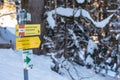 Yellow Tourist Oriented Directional Signs. Information to tourists about paths, attractions, distances and points of interest. Royalty Free Stock Photo