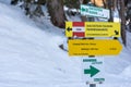 Yellow Tourist Oriented Directional Signs. Information to tourists about paths, attractions, distances and points of interest. Royalty Free Stock Photo