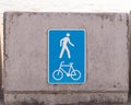 Traffic Sign white blue walking, cycling is allowed. Bike pedestrian street city signs. Royalty Free Stock Photo