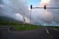 Traffic signal at the division of the road with cloudy sky