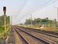 Traffic signal pole in the railway yard of the rural station in state of West Bengal, India