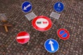 Traffic signs as table and chairs. Royalty Free Stock Photo