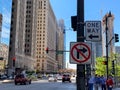 Traffic signs indicated One Way at the corner of Clark and Wacker in Chicago