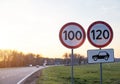 Traffic signs limit the maximum speed on the motorway. Speed and Safety Compliance Concept, copy space Royalty Free Stock Photo