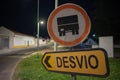 traffic signs prohibited to heavy vehicles with yellow detour indicator sign