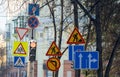 Traffic signs, repair of the road near the traffic light Royalty Free Stock Photo