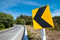 Traffic signs say the curve left direction on mountain highway, Royalty Free Stock Photo