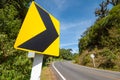 Traffic signs say the curve right direction on mountain highway, warning accident Royalty Free Stock Photo