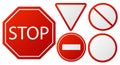 Traffic signs Stop. Restricted road warning sign collection, red police danger icons for driver. Round triangular and octagon