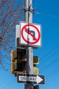 Traffic signs and walk signals on a metal telephone pole in Swissvale, Pennsylvania, USA