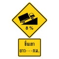 Traffic Signs,Warning Signs, Steep climb for next kilometres Thai language