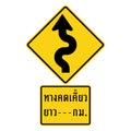 Traffic Signs,Warning Signs,Winding road for next kilometres, first bend to right Thai language