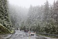 Traffic in a snowstorm, Austrian mountains Royalty Free Stock Photo