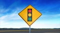 Traffic Signal Ahead Symbol - Yellow Road Sign Isolated on Sky Background with Room for Copy Royalty Free Stock Photo