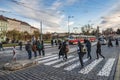 Traffic on the streets of Prague with typical trams, Prague, Czech Republic, 12.24.2019