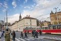 Traffic on the streets of Prague with typical trams, Prague, Czech Republic, 12.24.2019