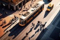 traffic streets and tram going forward, aerial view of busy city street