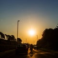 Traffic at sunset towards Cherbourg, France