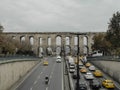 Traffic under Valens Aqueduct in Istanbul, Turkey.