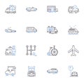 Traffic vehicles line icons collection. Cars, Trucks, Buses, Motorcycles, Trains, Boats, Planes vector and linear Royalty Free Stock Photo